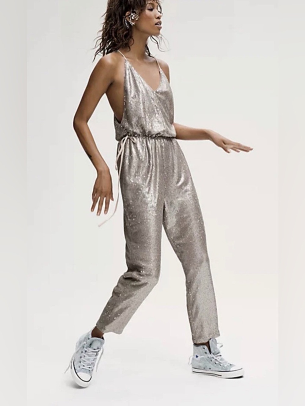 NWT Free People Sequin Pantsuit Jumpsuit Ivory Champagne Silver Metallic XS